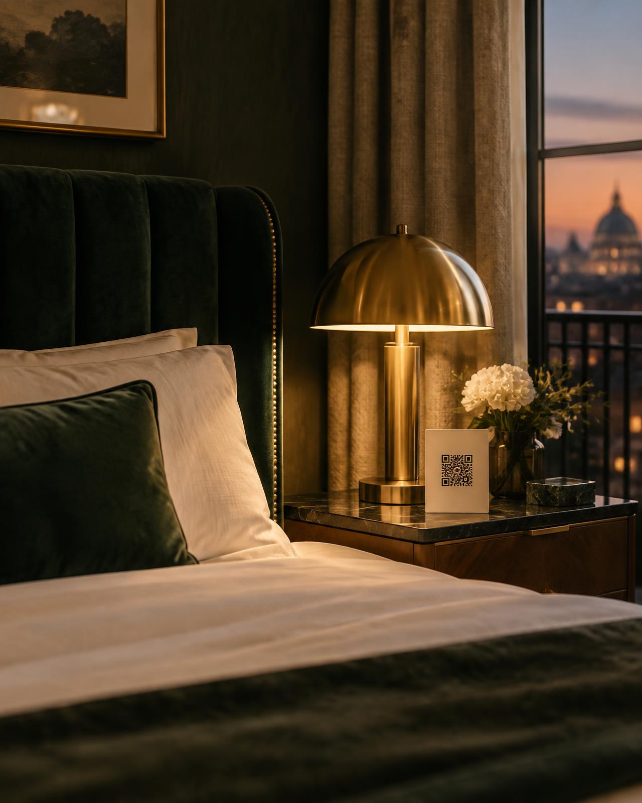 Boutique hotel suite with a Mezbaan QR card on the nightstand